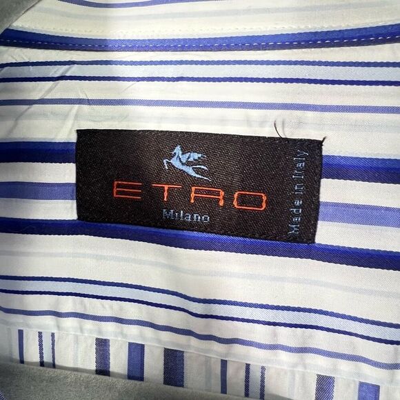 ETRO White Blue Stripe Collared Medium (Sz 39 IT) Long Sleeve Button Down Shirt - Picture 3 of 13